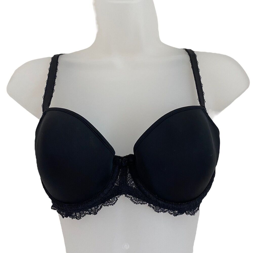 Wacoal Size 32D Bra Seduction Demi Contour Black Underwire Lace Trim